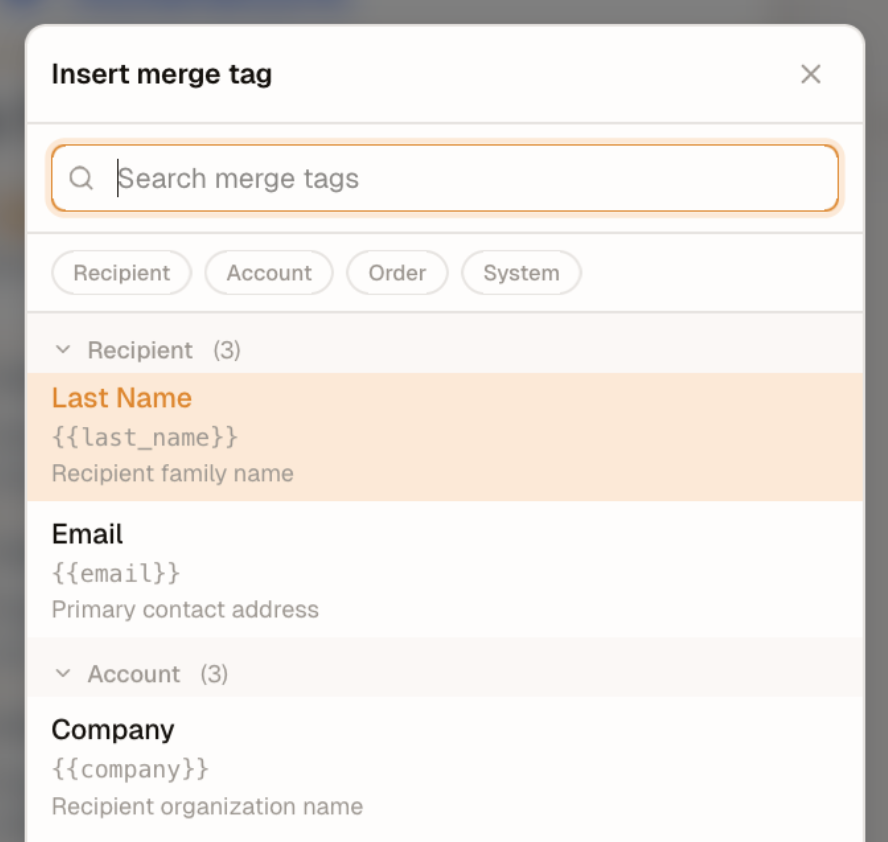 Built-in merge tag picker