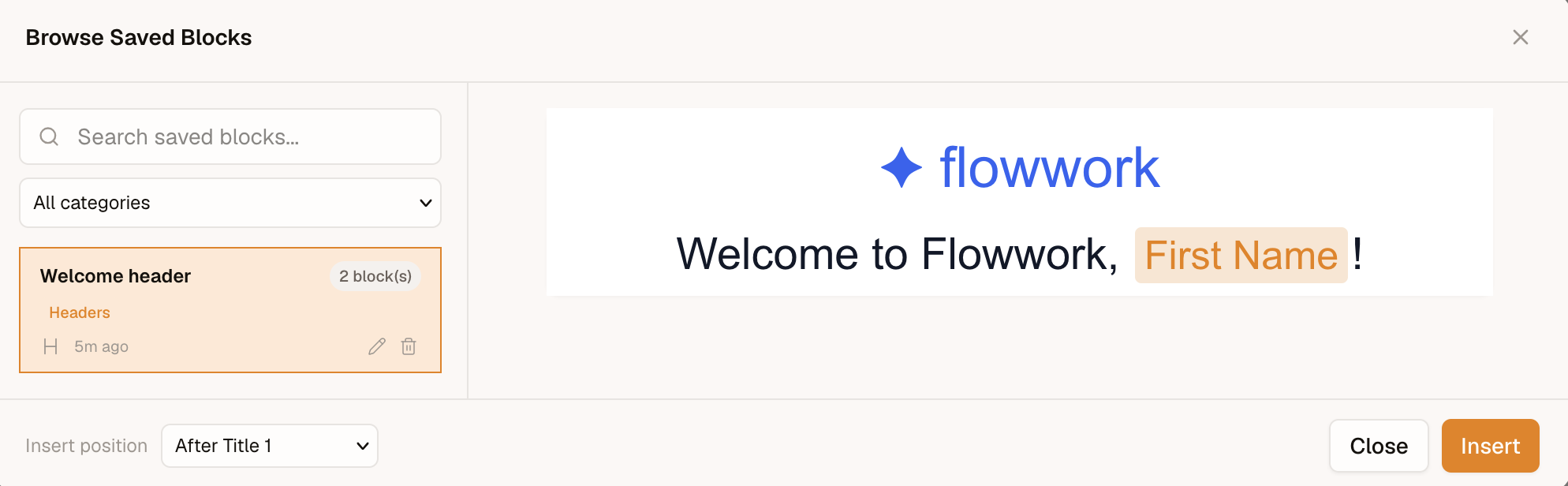 The Browse Saved Blocks modal — search and a category filter above the entry list on the left, a live preview and the insert-position picker on the right